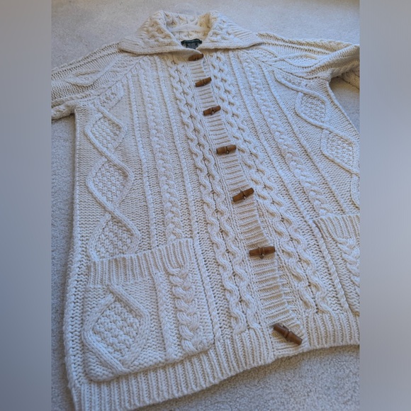 VTG 90s Eddie Bauer Chunky Wool Cable Knit Toggle Cardigan Sweater - Picture 9 of 9